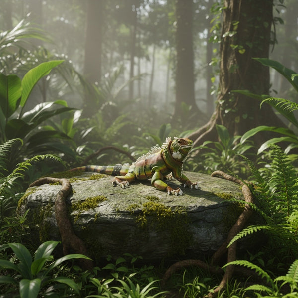 LG3D Printing articulated green iguana figurine with realistic scales resting on a mossy rock in a lush rainforest.